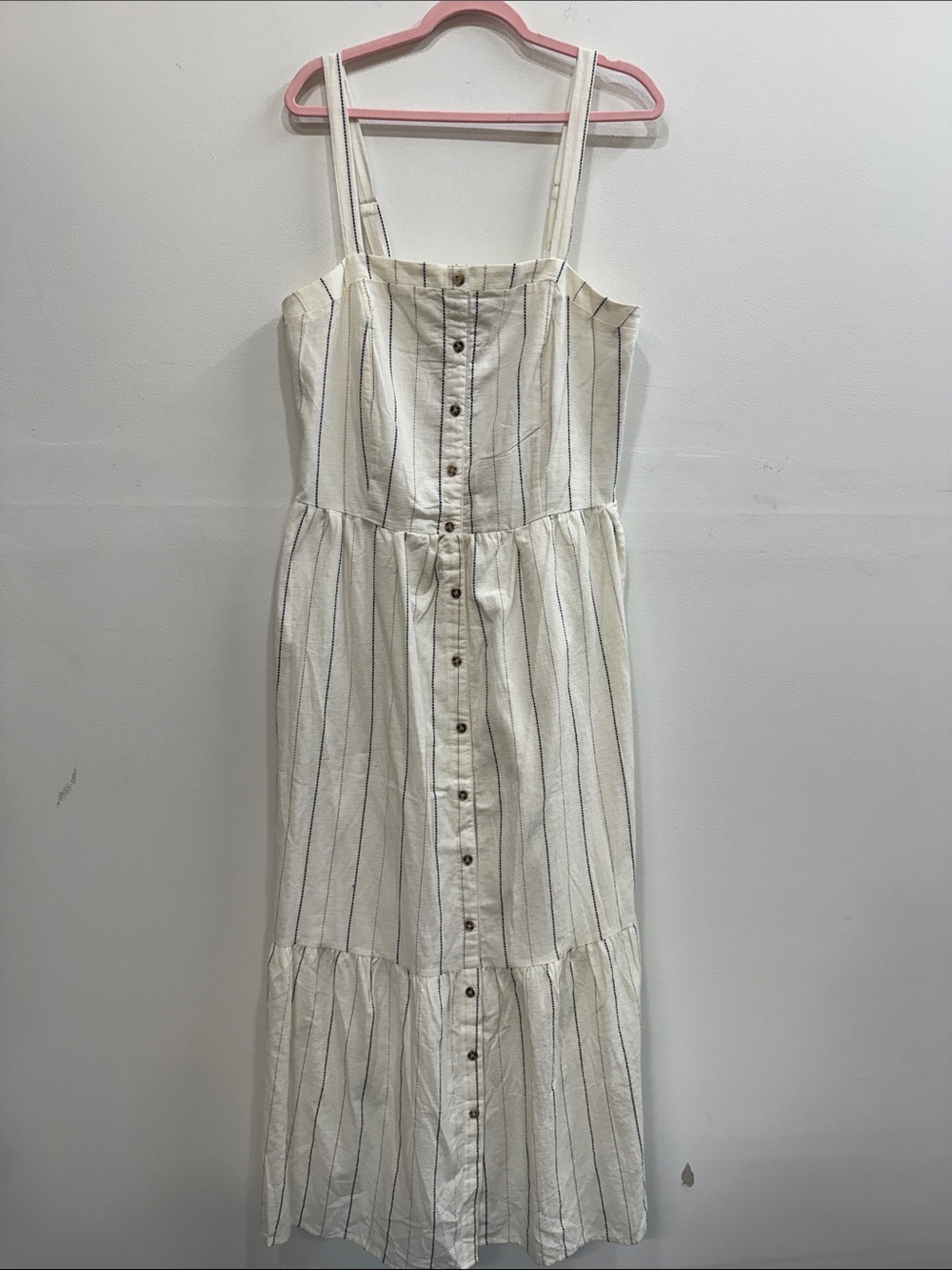 Tiered Cotton Linen Blend Dress Cream Midi Dress with Navy Pinstripes 14